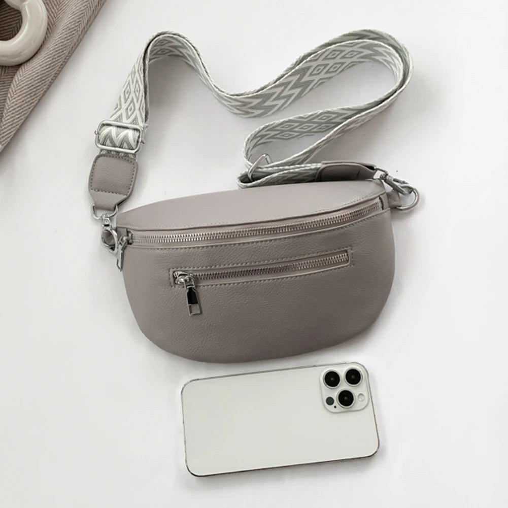 2024 Luxury Designer Women's Chest Bag PU Leather Wide Strap Shoulder Crossbody Bag Female Fashion Fanny Pack Banana Waist Bag