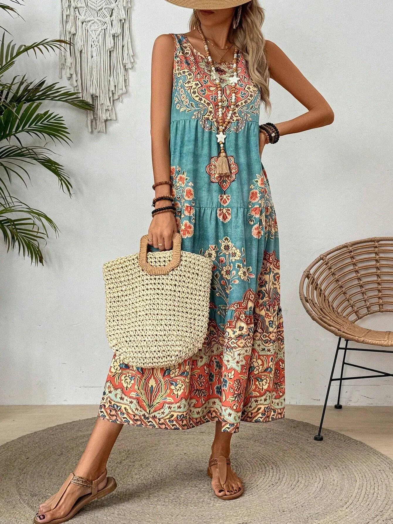 Holidaya Ladies Summer Floral Print Round Neck Sleeveless Dress For Casual Or Vacation Maxi Vacation Beach Outfits Women
