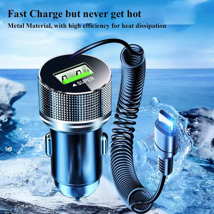 Ładowarka samochodowa EDEBA Metal USB z kablem Type-C 12 V Super szybkie ładowanie, adapter samochodowy 2 w 1 do iPhone'a, Samsunga, Huawei, VIVO, OPPO