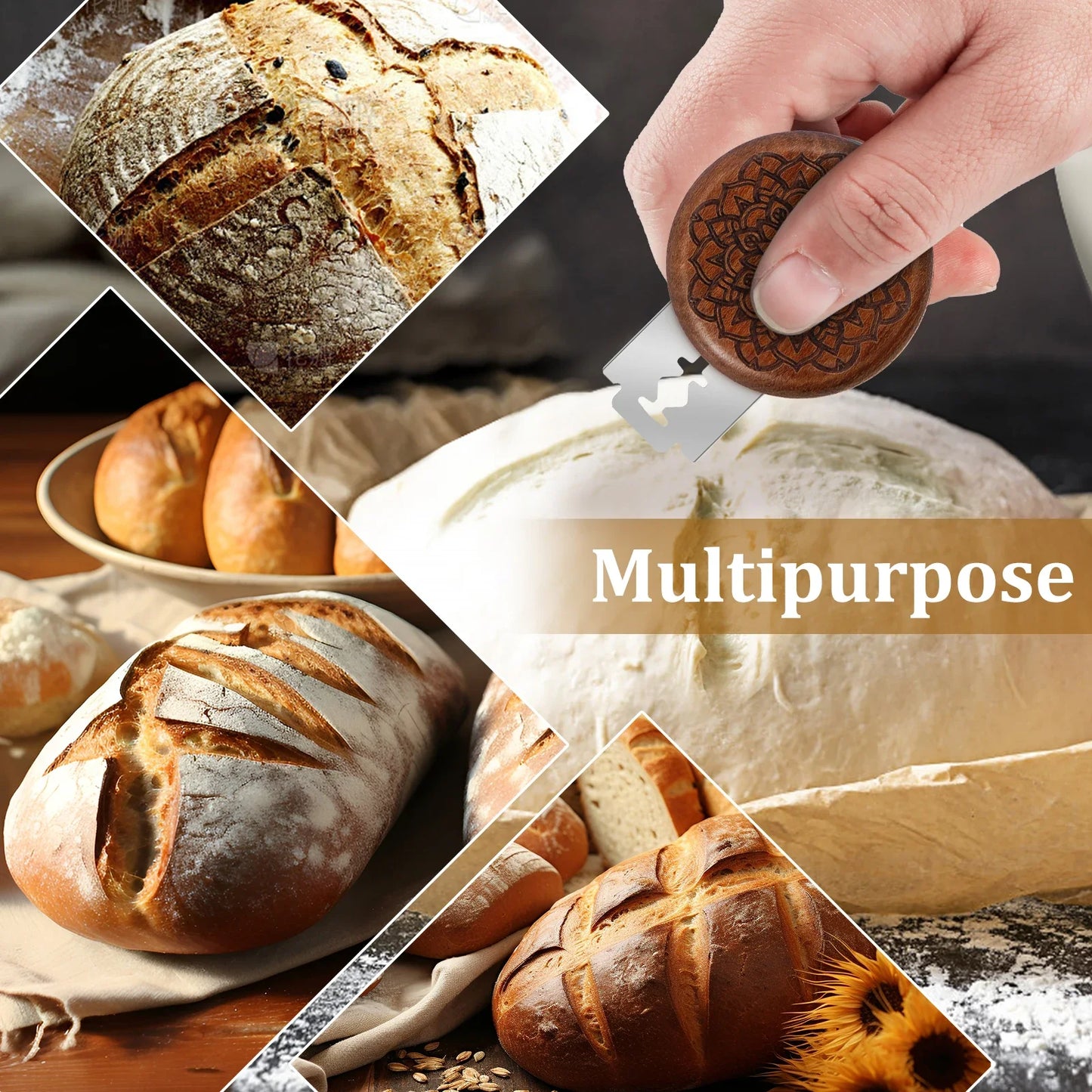 Bread Lame Dough Score Cutting Tools Wooden Scraper French Bakery Lame With 5 Blades Knife Arc Curved Slicer Cutter Bake Tools