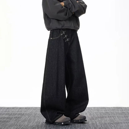 2026 Spring/Summer Korean Black Men'S Curved Knife Jeans Loose Straight Legs Casual Wide Legs 3xl Large Jeans