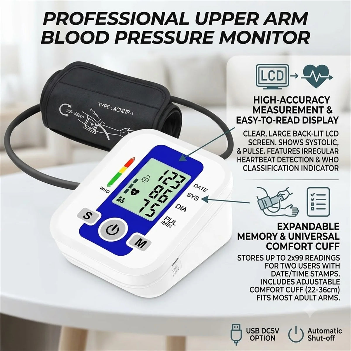 Automatic Arm Blood Pressure Monitor LCD Pressure Sensor Monitor BP Automatic Tonometer Digital Tensiometer LED Display Cuff