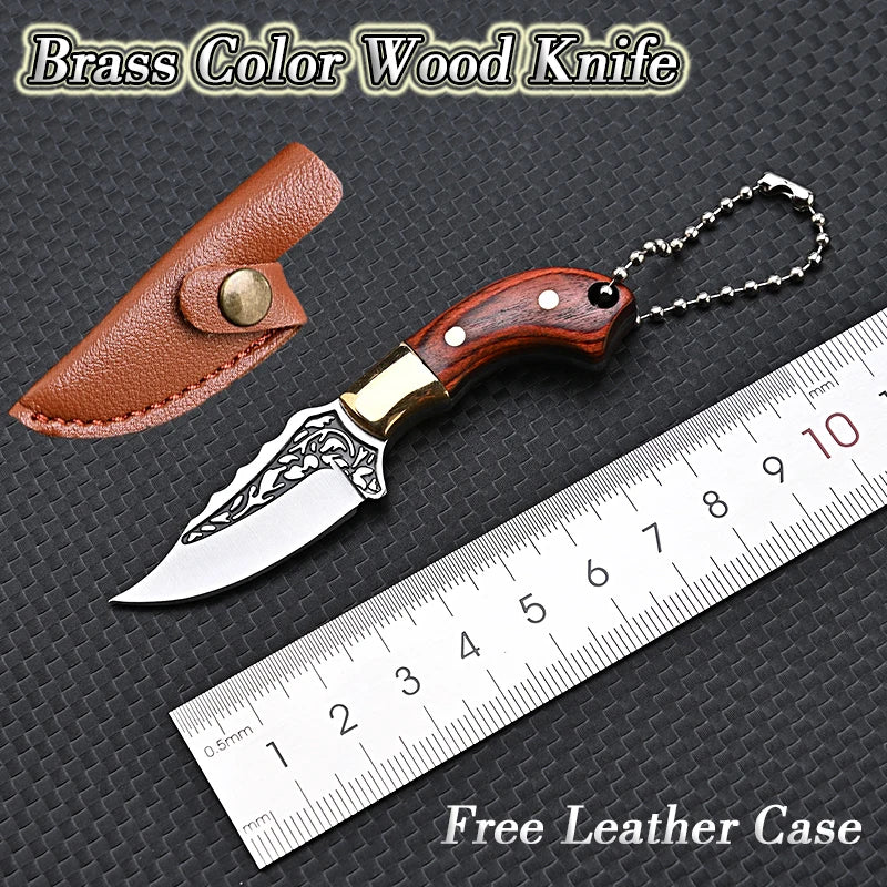 Portable Mini Knife Brass Wood Unboxing Hollow Blade EDC Fixed Blade Leather Cover Cutter Outdoor Surivival Tools Gift