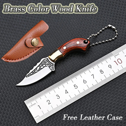 Portable Mini Knife Brass Wood Unboxing Hollow Blade EDC Fixed Blade Leather Cover Cutter Outdoor Surivival Tools Gift
