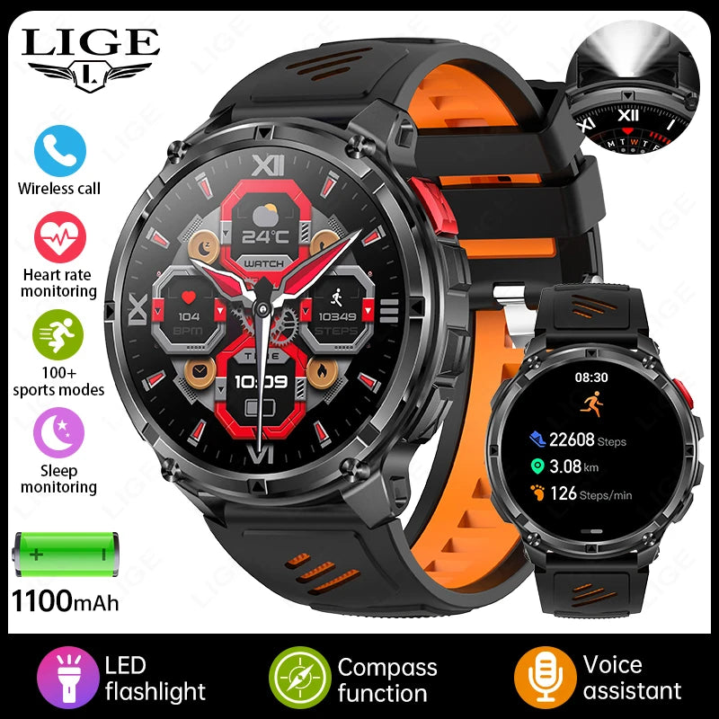 LIGE Smart Watch 2026 Gorąca Sprzedaż 1100mAh Wojskowy Wodoodporny Kompas Latarka LED Tryby Sportowe Męski Smartwatch Dla Android iOS