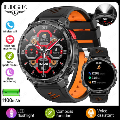 LIGE Smart Watch 2026 Gorąca Sprzedaż 1100mAh Wojskowy Wodoodporny Kompas Latarka LED Tryby Sportowe Męski Smartwatch Dla Android iOS