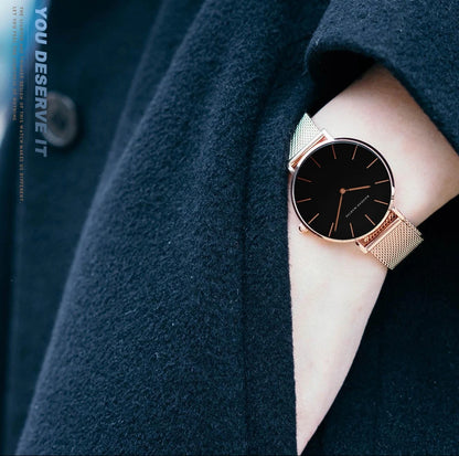 2023 New Women Bracelet Watch 1 Set Japan Quartz Movement Simple Rose Gold Stainless Steel Mesh Student Watches Relogio Feminino