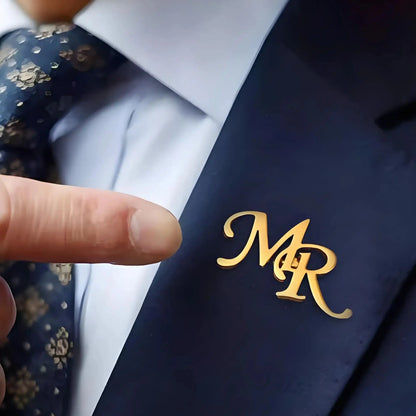 Custom Laser - Cut Men's Collar Pin Brooch, Personalized Initials Jewelry, 18K Gold - Plated Stainless Steel, Ideal Wedding Gift