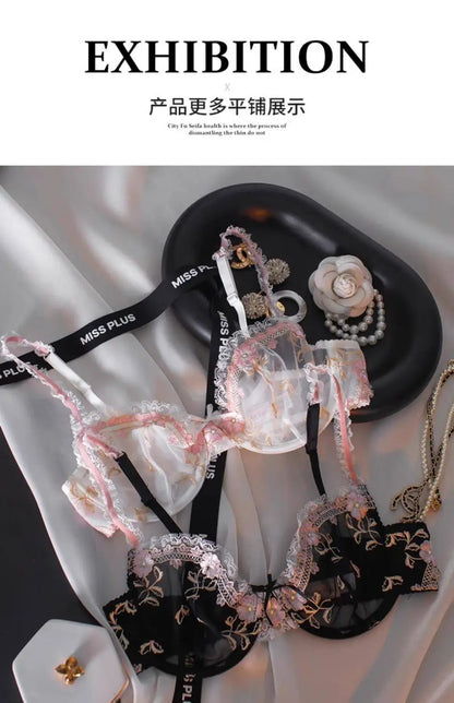 French Embroidered Lace Sheer Bra Set Women, Thin No Sponge Cups, Anti-Slip Support, Large Breasts Small Soft Comfort Wear S-xl