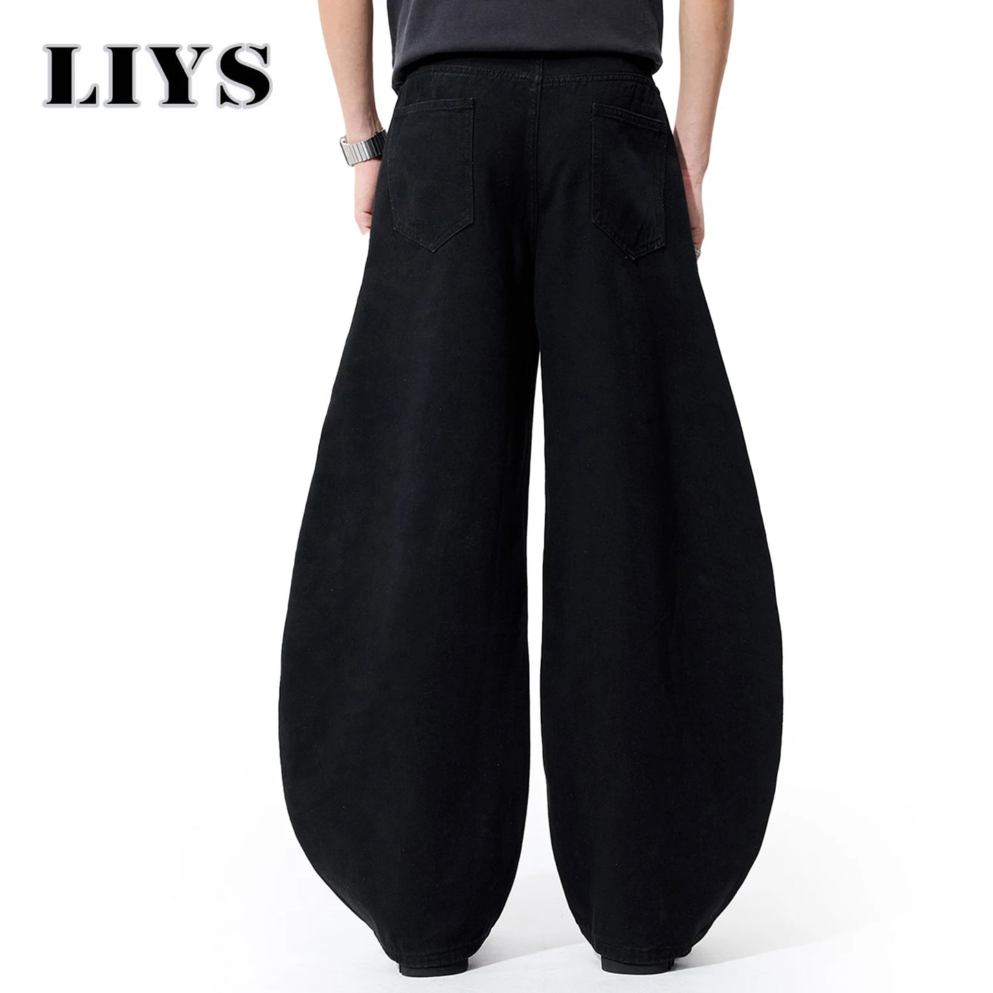 Liys Men's Black Ultra Wide Leg Jeans Baggy Fitting Denim Pants Man Solid Streetwear Daily Casual Fashion Lantern Balloon Jeans