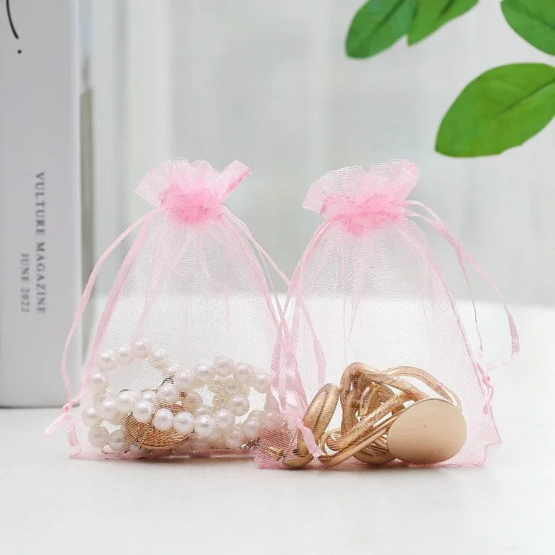 100/10pcs Multi-size Organza Bags Transparent Mesh Jewelry Candy Pouches Wedding Party Baby Shower Gift Drawstring Packaging Bag