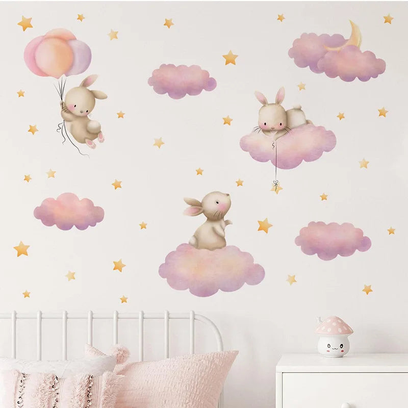 Cartoon Cute Rabbit Balloon Animal Wall Stickers Removable for Kids Room Living Room Nursery Background Decoration Wall Decals