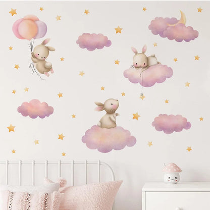 Cartoon Cute Rabbit Balloon Animal Wall Stickers Removable for Kids Room Living Room Nursery Background Decoration Wall Decals