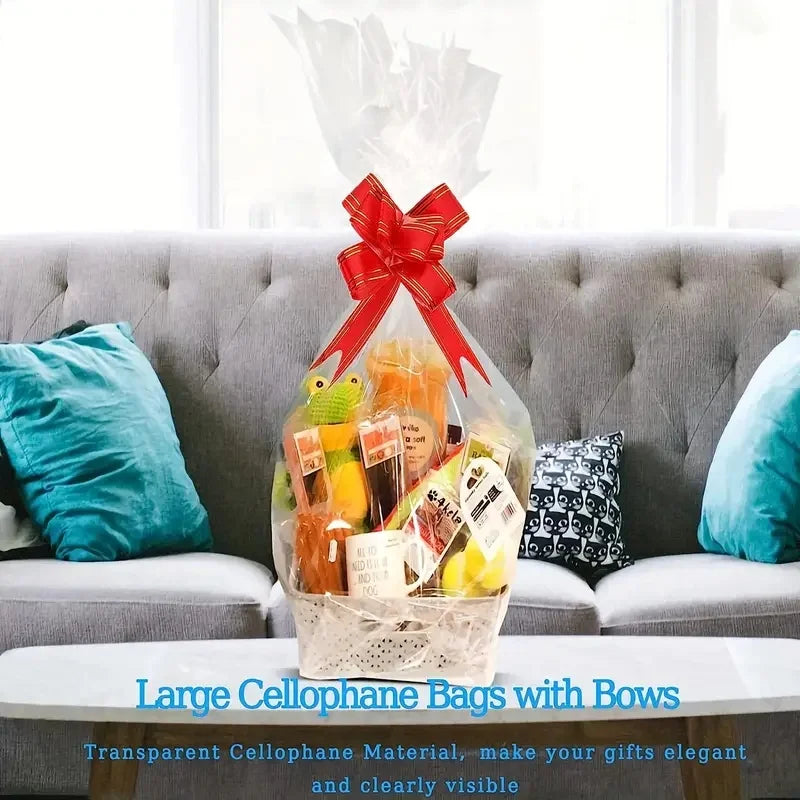 25/50 pct large clear cellophane bag with bow, perfect for gift baskets and gift wrapping Christmas New Year holiday decorations