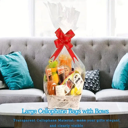 25/50 pct large clear cellophane bag with bow, perfect for gift baskets and gift wrapping Christmas New Year holiday decorations
