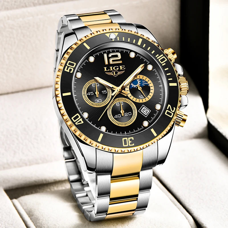 LIGE Outdoor Sport Watch For Men Fashion Military Waterproof Luminous Men Watch Round Stainless Steel Quartz Chronograph Male