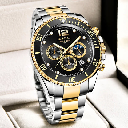 LIGE Outdoor Sport Watch For Men Fashion Military Waterproof Luminous Men Watch Round Stainless Steel Quartz Chronograph Male
