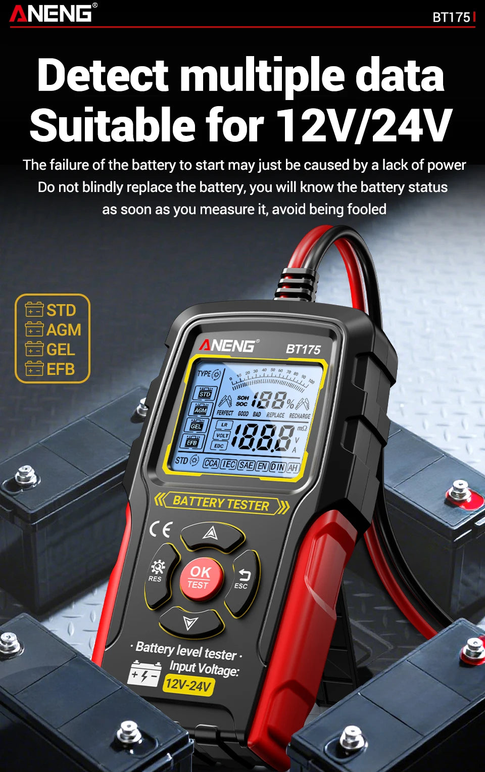 12V 24V Digital Car Battery Tester Alternator Automotive Analyzer Display Screen ANENG BT175 With Insulated Alligator Clip Tools