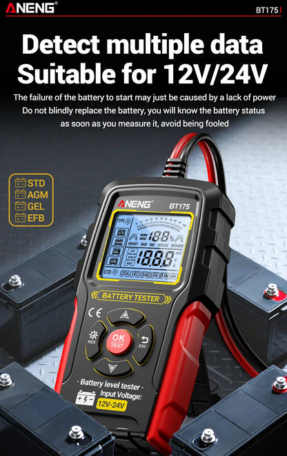 12V 24V Digital Car Battery Tester Alternator Automotive Analyzer Display Screen ANENG BT175 With Insulated Alligator Clip Tools