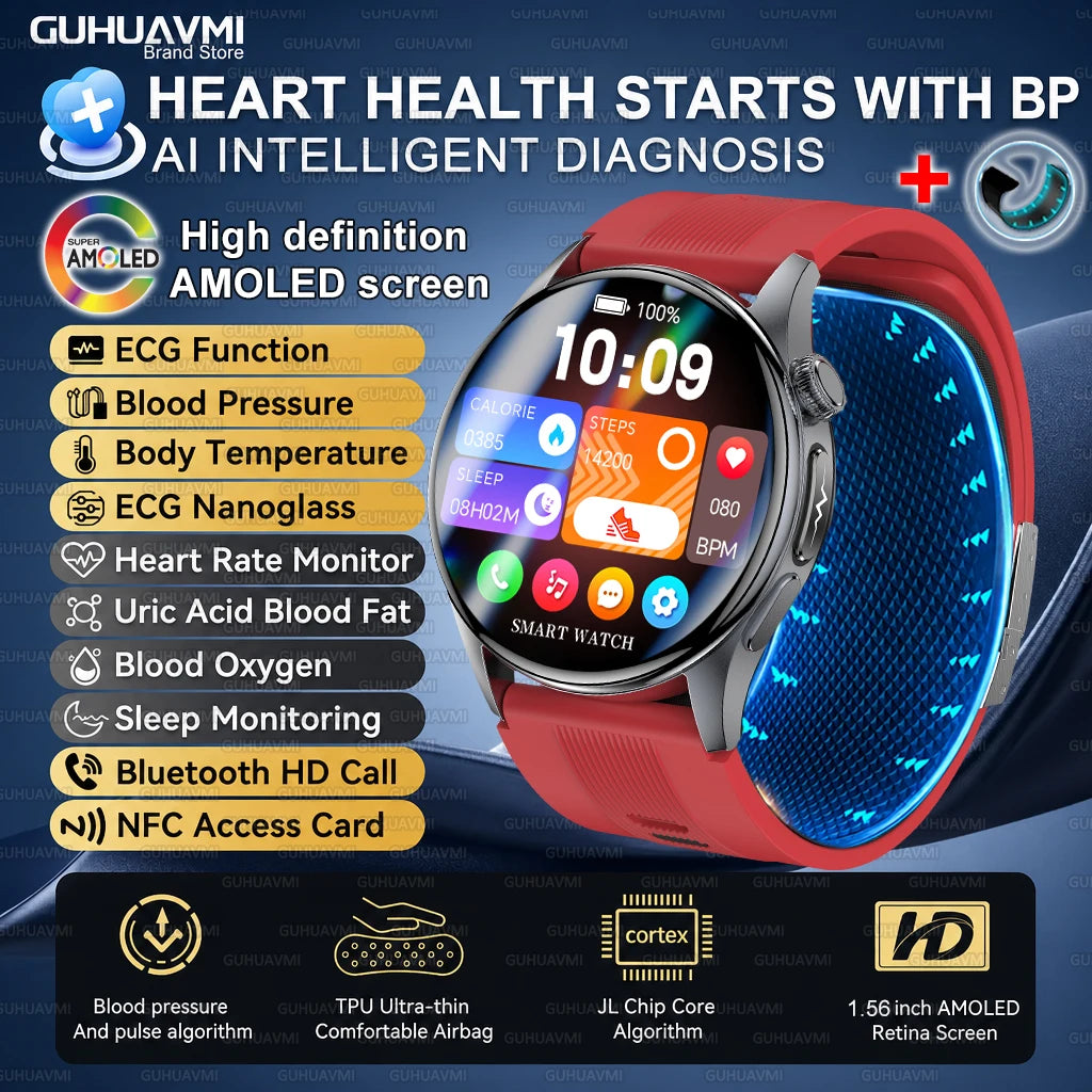 2026 New Nursing Grade Air Pump Airbag Smart watch Cuff Blood Pressure Detection ECG+PPG Multi Health Monitoring Smart Watches