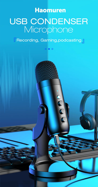 Haomuren USB Microphone for PC Mac Gaming Recording Stream Podcast, Computer Condenser Mic with Phone Adapter Headphone Output