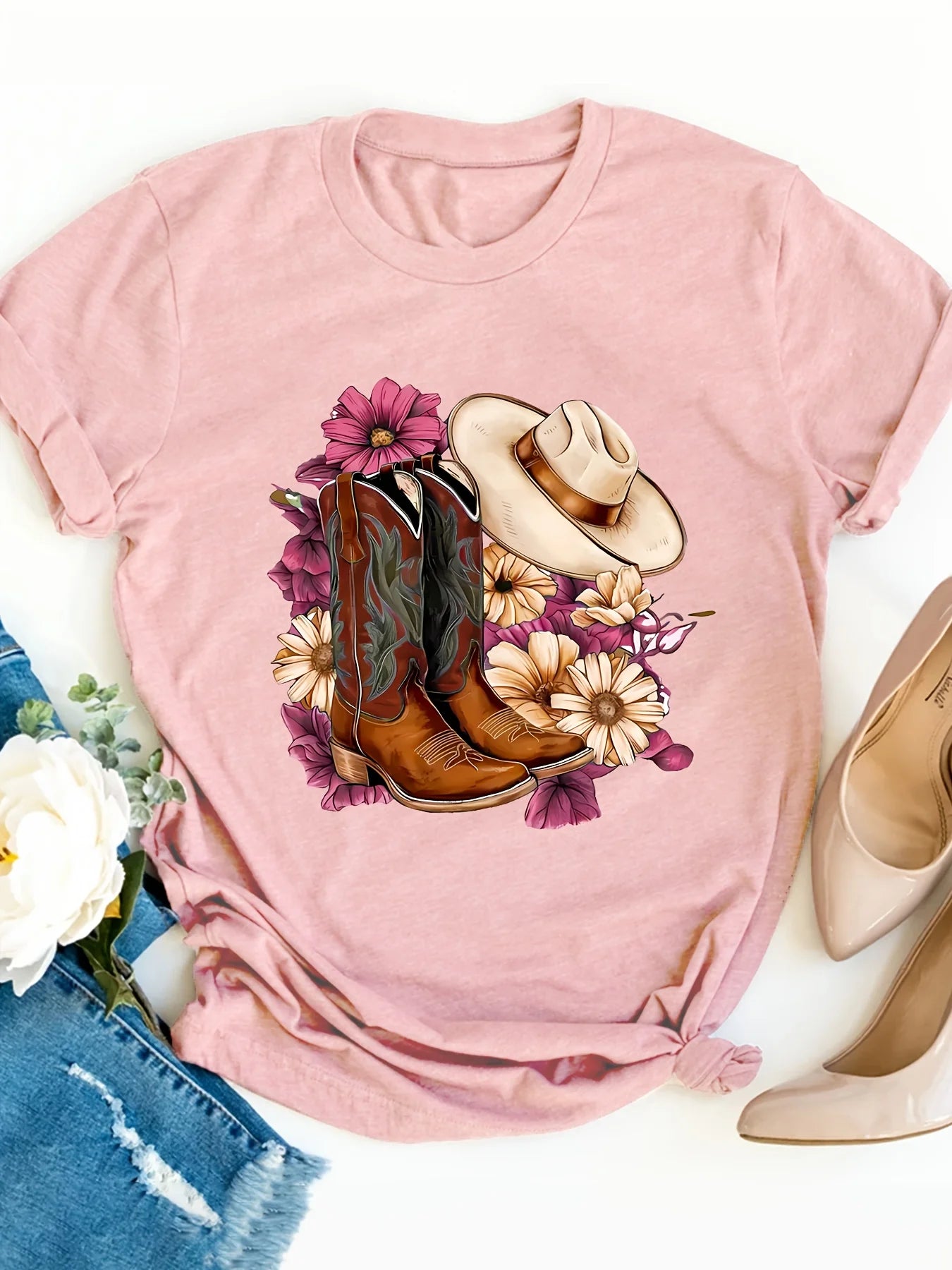 Floral Cowboy Boots Women's Tee - Western Style Graphic, Country-Inspired Print for Casual Daily Wear