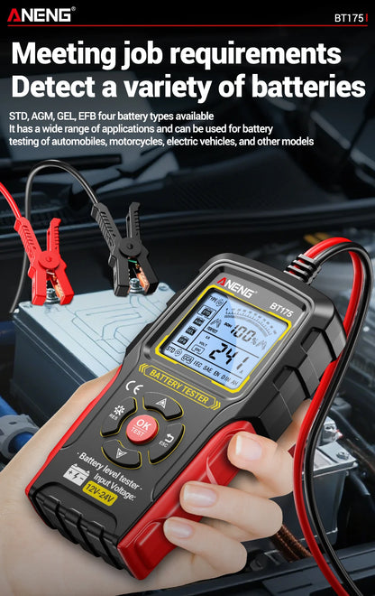 12V 24V Digital Car Battery Tester Alternator Automotive Analyzer Display Screen ANENG BT175 With Insulated Alligator Clip Tools