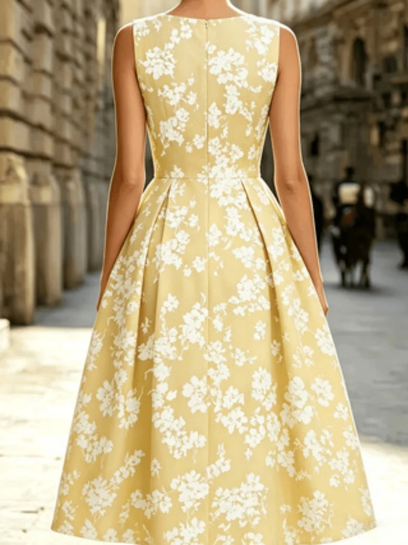 Floral Short-Sleeve Dress Round Neck Fitted Waist A-Line Mid-Length European Style French Charm Women's Casual Dresses