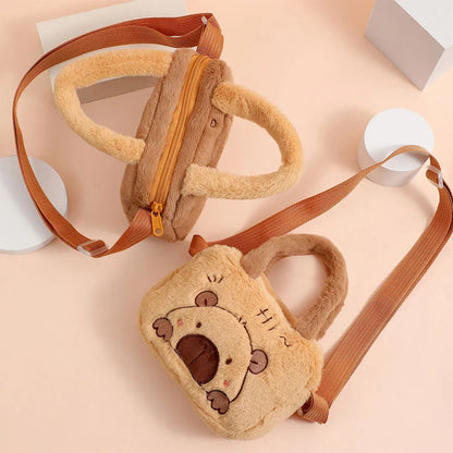 Stylish Cute Embroidered Capybara Plush Handbag Kawaii Cartoon Plush Shoulder Bag Lightweight Soft Small School Bag Square Bag