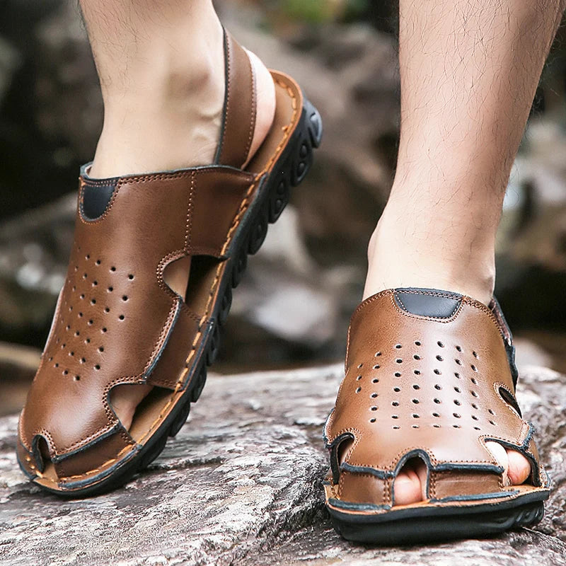 Men's Summer Slip-On Breathable Anti-Slip Outdoor Two-Way Sandals Soft Bottom Driving Hole Hole Casual Loafers-D39