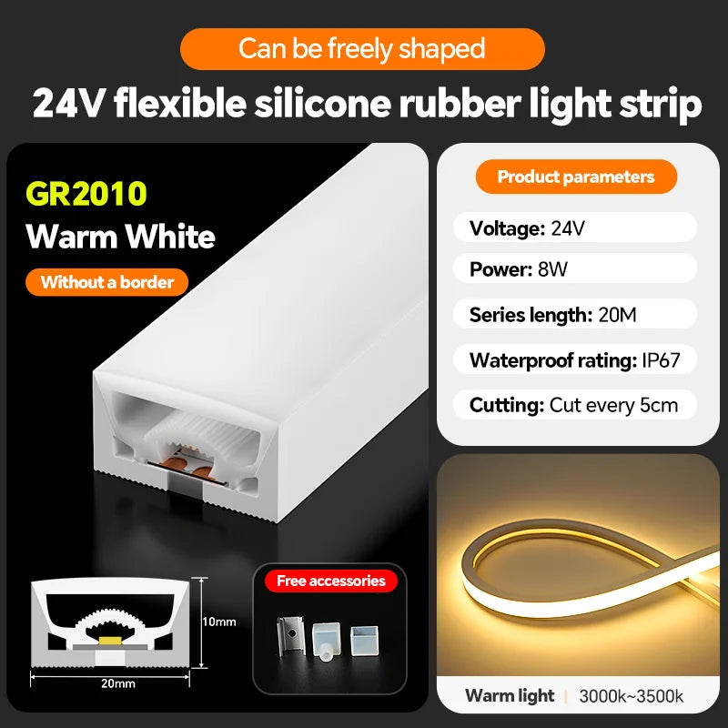 LED flexible silicone light strip embedded 24V waterproof tubing linear lamp concealed installation flexible soft light strip