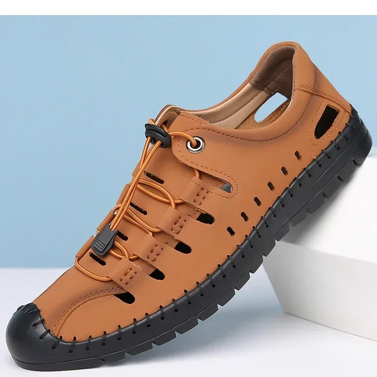 Men's Summer New Hollow out Breathable Leather Sandals Outdoor Anti-Slip Soft Bottom Casual Cover Toe Slip-On Shoes-8025