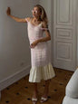 Lace Hem Corset Style Long Dress Skin Tone Mesh Vertical Stitch Slim Mid Length Silhouette 2026 Summer Holiday Women Daily Wear