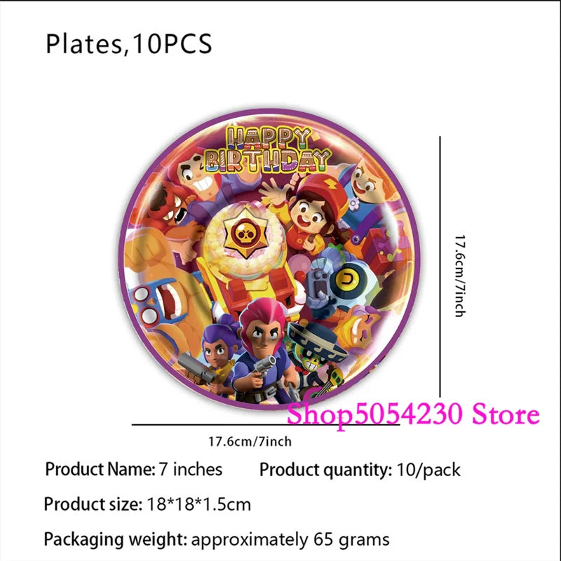 Brawl Stars Happy Birthday Party Supplies Set Cartoon Game Theme Tableware, Paper Plates & Backdrop Decorations for Celebrations