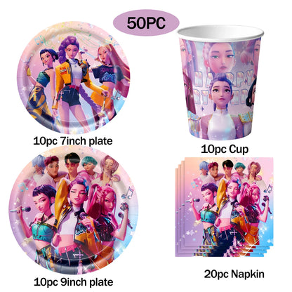 K-pop Kids Birthday Party Supplies All-in-One Decor Set-Paper Tableware Cups Candy Box Gift Bags Banner for Festive Celebrations