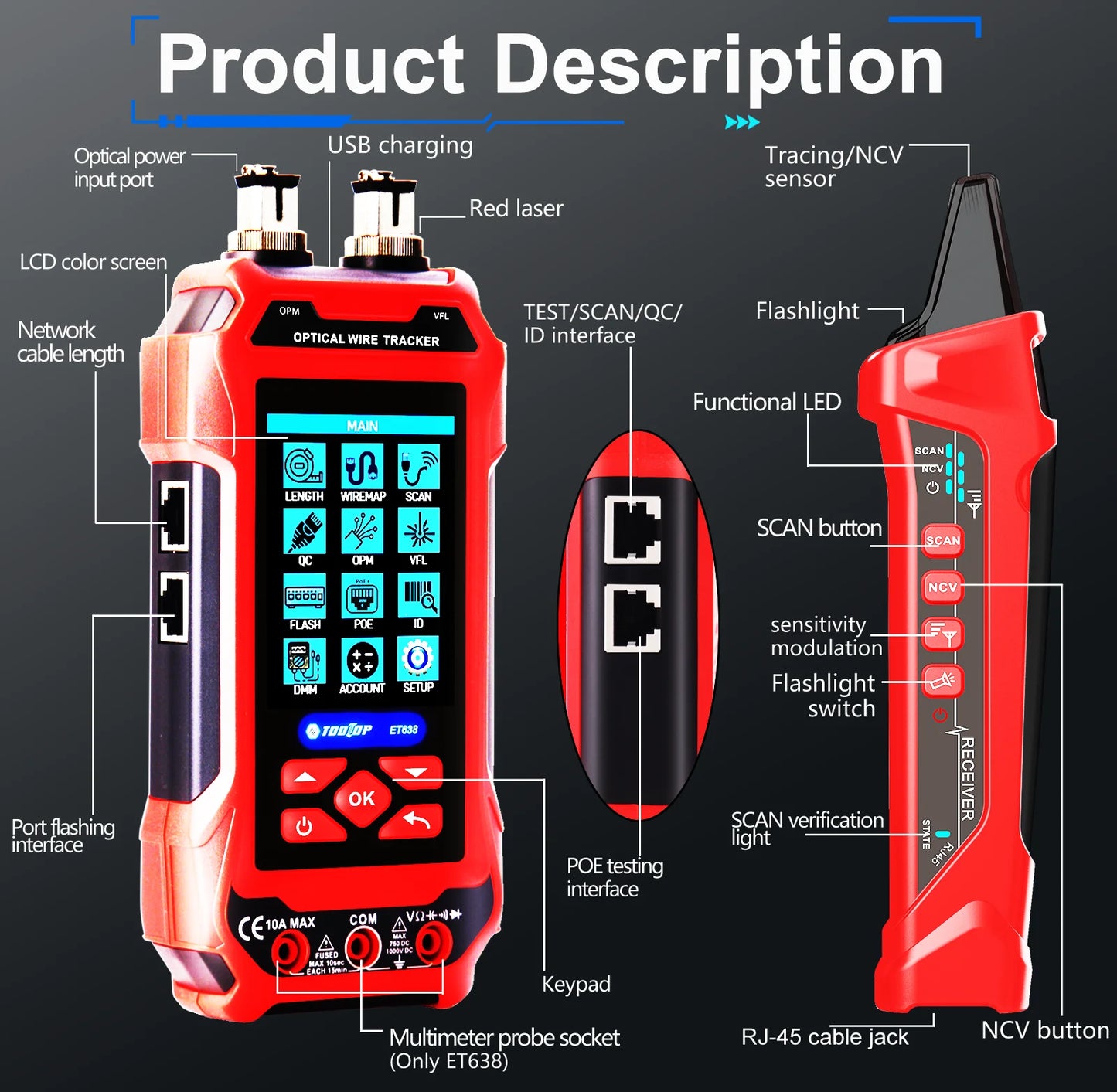 TOOLTOP Network Cable Tester 4 in 1 Multi-function Fiber Optical Power Meter Visual Fault Locator noise-free LAN Line Tracking