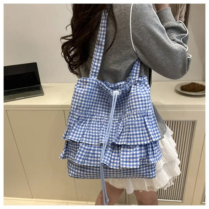 Cute Plaid Cotton Tote Bag Large Capaci Lace Trim Women's Summer 2026 Simple Lady Handbag Soft Shoulder Bags Bolsa Feminina
