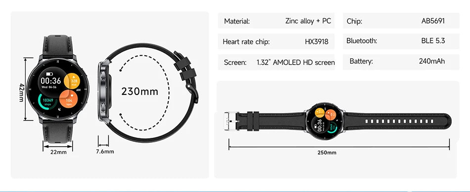 7.6MM Smart Watch 1.32'' AMOLED HD Screen Men Women Sports Watches LED Flashlight BT Call Heart Rate Health Care Smartwatch 2026