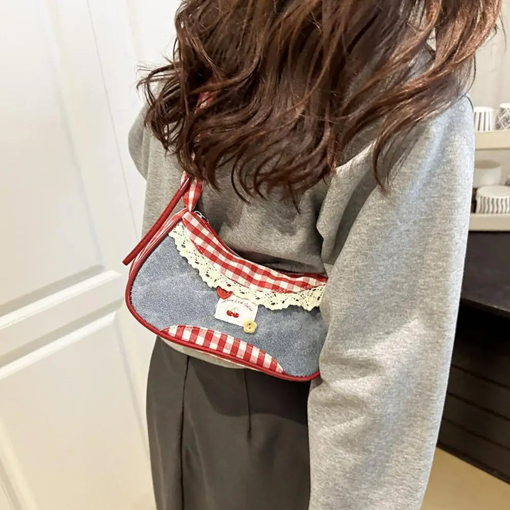 Fashion Grid Mini Handbag with Adjustable Shoulder Strap Korean Style Hand-held Commuting Bag Single-Shoulder Crossbody Underarm