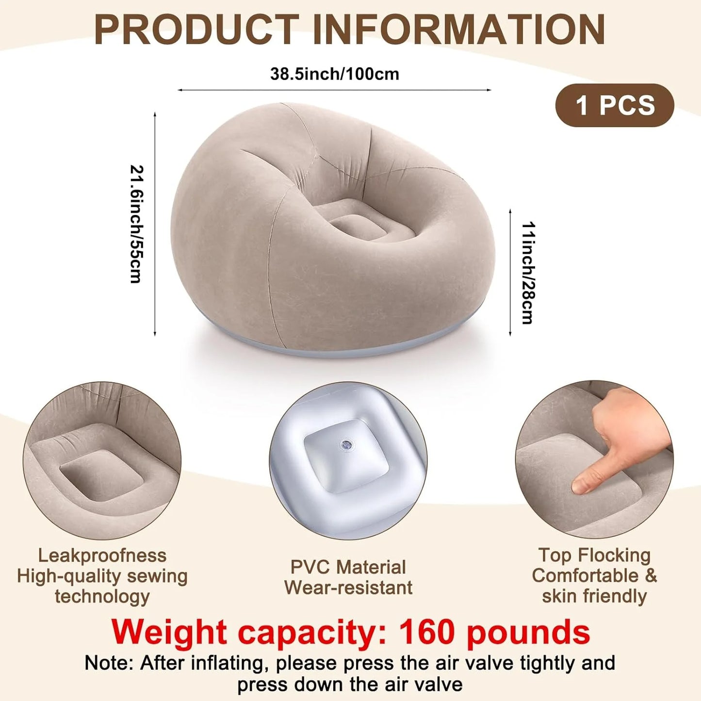 1 Inflatable Lazy Sofa, Outdoor Chair, Oval Inflatable Sofa, Camping Folding Leisure Recliner, Full Backrest Armrest Single Nap Sofa
