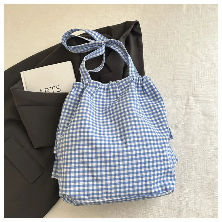 Cute Plaid Cotton Tote Bag Large Capaci Lace Trim Women's Summer 2026 Simple Lady Handbag Soft Shoulder Bags Bolsa Feminina