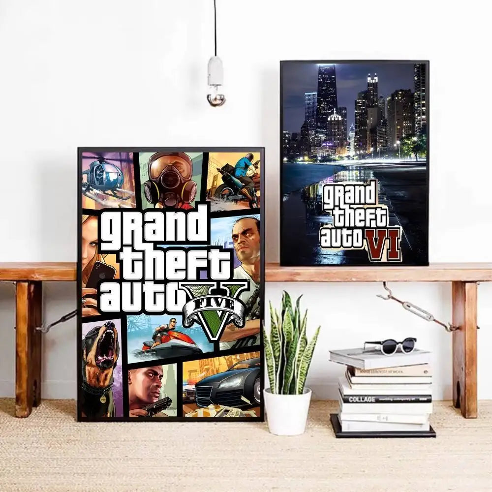 Game Grand T Auto posters Self-adhesive Paper Print Home Living Room Bedroom Entrance Bar Cafe Art