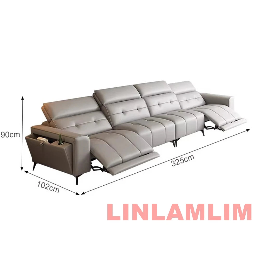 Modern Power Reclining Sofa with Adjustable Headrests – Genuine Leather Recliner Couch with USB, Side Storage and Cup Holders