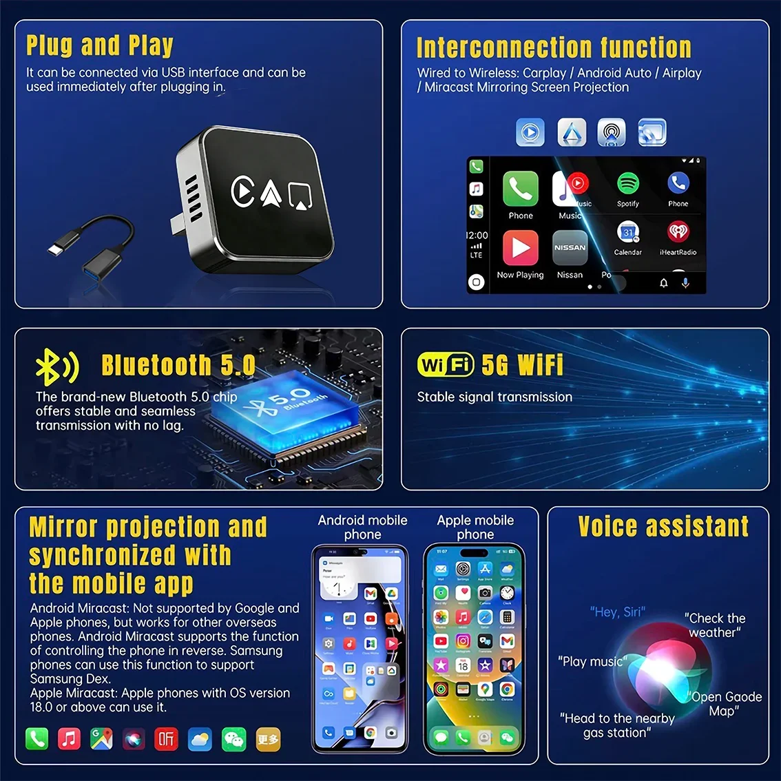 CarRocket 2026 4in1 New  Carplay Adapter Wireless Android Auto Mirror Link Smart MiNi AI Box USB Plug and Play Auto Connect WiFi