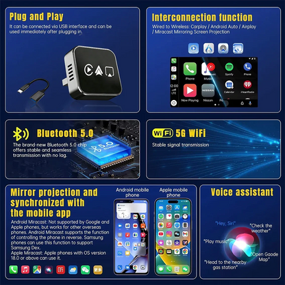 CarRocket 2026 4in1 New  Carplay Adapter Wireless Android Auto Mirror Link Smart MiNi AI Box USB Plug and Play Auto Connect WiFi