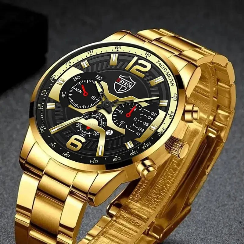 5PCS Set DEYROS Fashion Mens Calendar Watches Men Business Stainless Steel Quartz Wristwatch Male Casual Necklace Bracelet Watch