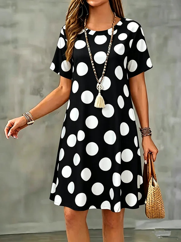 New Summer Women Dress Polka Dots Print Short Sleeve O-Neck  A-Line Dress Casual Loose Beach Sundress
