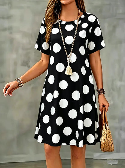 New Summer Women Dress Polka Dots Print Short Sleeve O-Neck  A-Line Dress Casual Loose Beach Sundress