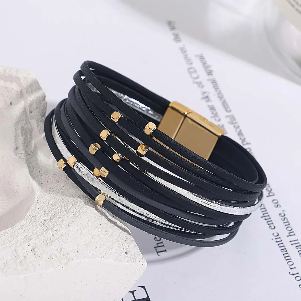 ALLYES Charm Triple Color Leather Bracelet for Women Bohemian Metal Beads Multilayer Thin Strip Wrap Bracelets Fashion Jewelry