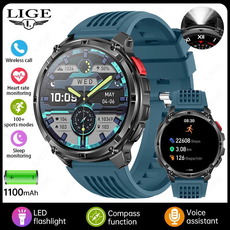 LIGE Smart Watch 2026 Gorąca Sprzedaż 1100mAh Wojskowy Wodoodporny Kompas Latarka LED Tryby Sportowe Męski Smartwatch Dla Android iOS